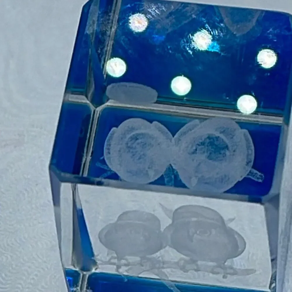 Decorative 3D laser-etched two owls on a branch moon crystal cube paperweight.